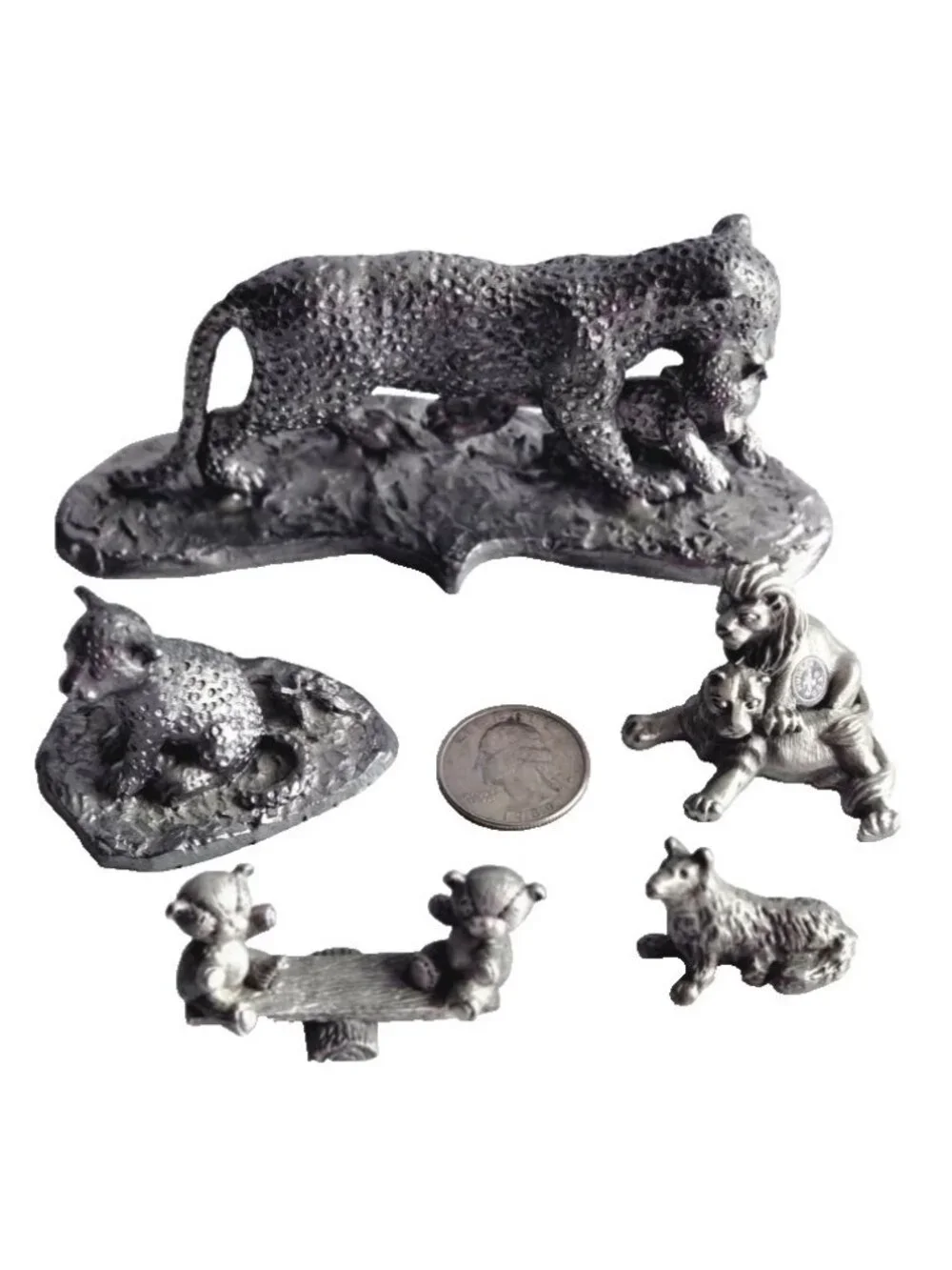 Lot of 5 Mini Pewter Animal Figurines Lion Lioness Monkey Wolf Cheetah Cub